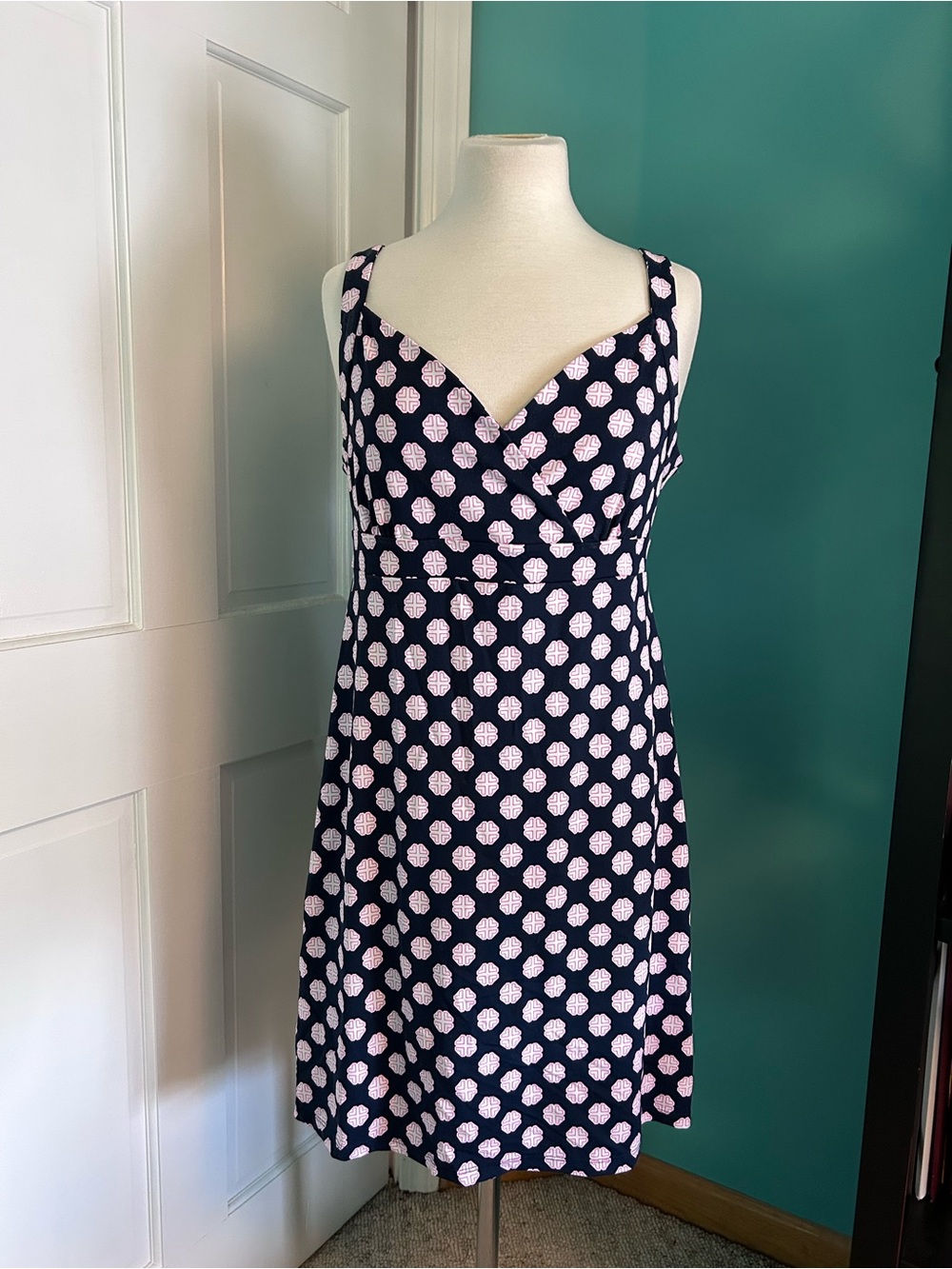 Charter Club Navy Midi Dress with Light Pink Geometric Print